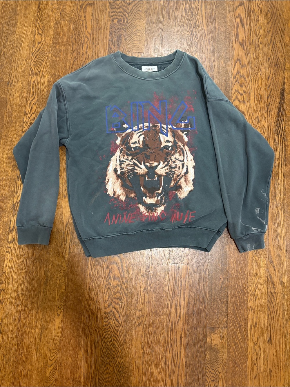 Anine Bing Graphic Tiger Crewneck Sweatshirt - Charcoal with Red & Blue Print